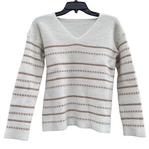 Women's Neutral Striped Long Sleeve V-Neck Knit Sweater Top Size Medium